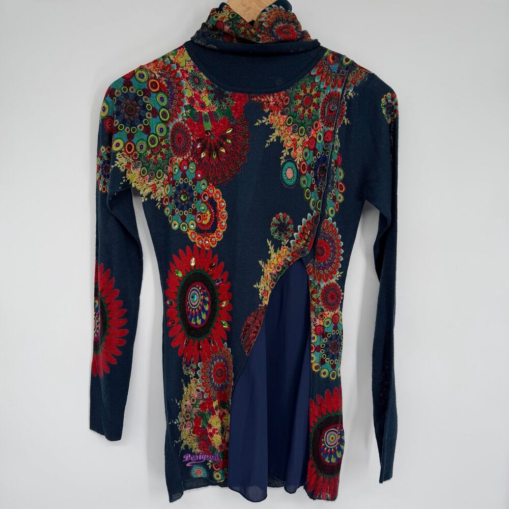 Desigual Sweater Women’s Small Navy Floral Rhinestone Turtleneck Asymmetrical